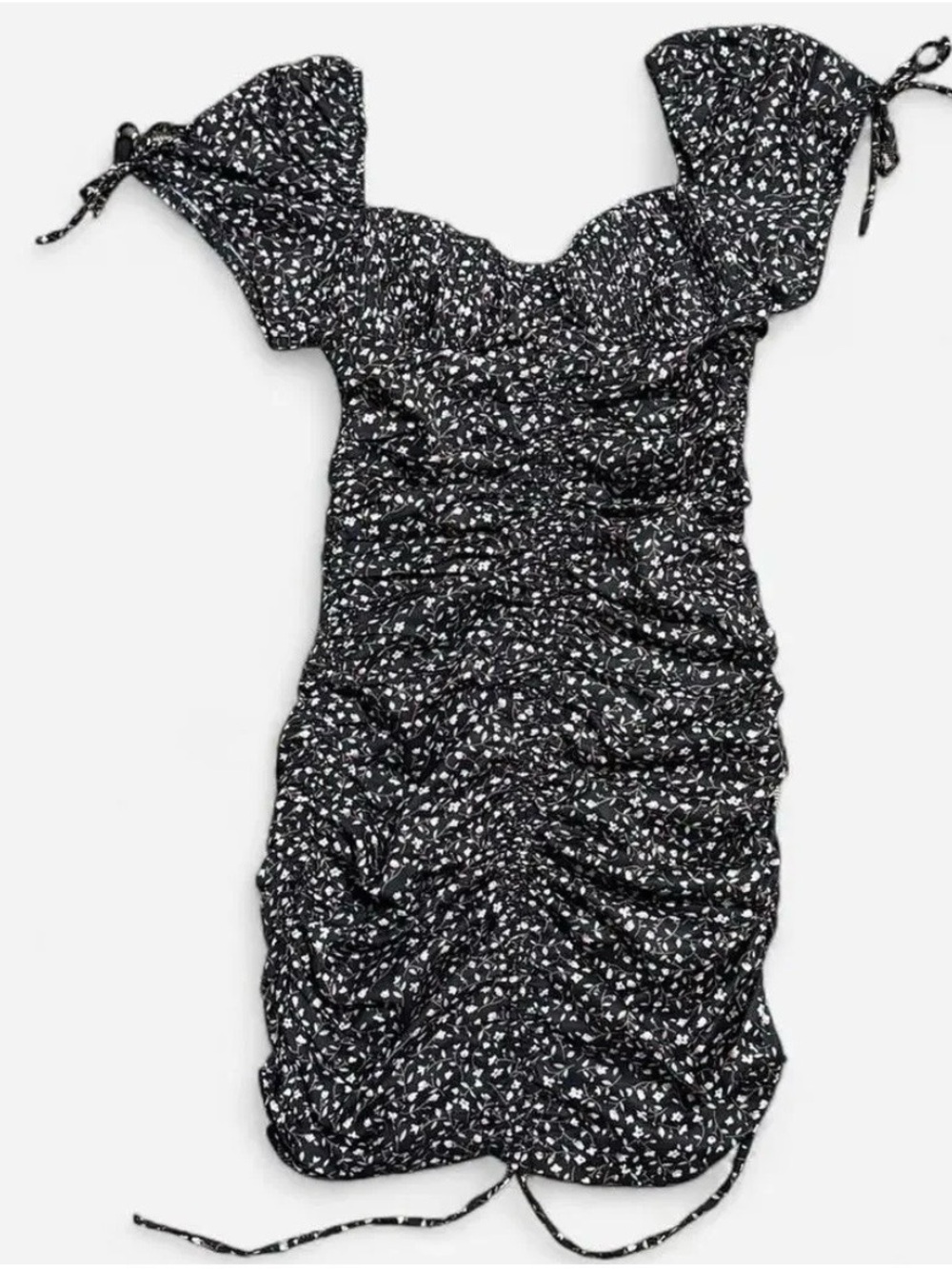 White Fox Boutique Black Floral Tie-Shoulder Ruched Mini Dress